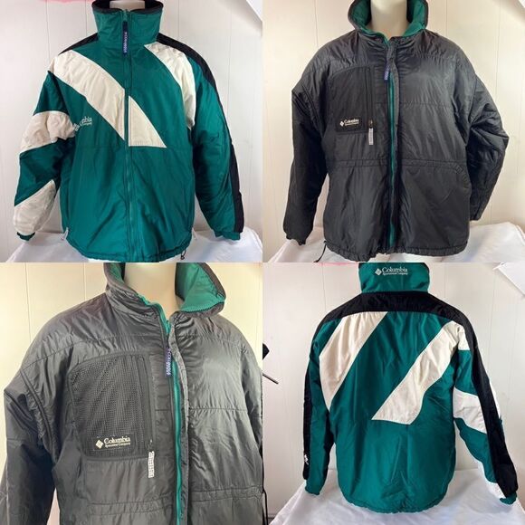 Vintage Columbia Ski Jacket Mens XL Tall Reversible Colorblock Black Green White - Picture 1 of 12